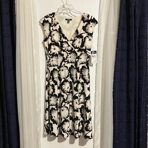 Chaps Black and Cream Floral Midi Dress
